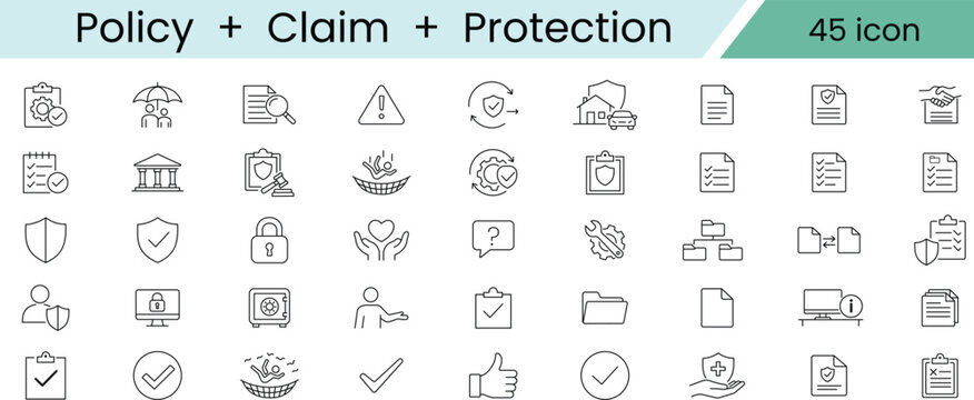 Insurance Policy, Claim and Protection Icon Set, Risk Coverage Line Vector Collection