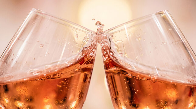 Close up rose wine glasses toasting bubbly drink.
