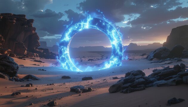 A glowing blue ring appears on a beach surrounded by rocks at sunset