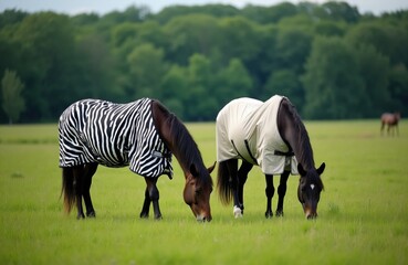 Obraz premium Two horses graze in green pasture on summer day. One horse wears zebra-striped fly rug, light-colored sheet, offering pest protection, comfort. Another horse visible grazing distantly in background,