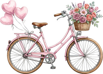 Romantic Pink Bicycle with Flower Basket and Heart Balloons Illustration for Valentine Design, Wedding Decor, Love Theme Graphics, and Spring Floral Concepts © MdSumon