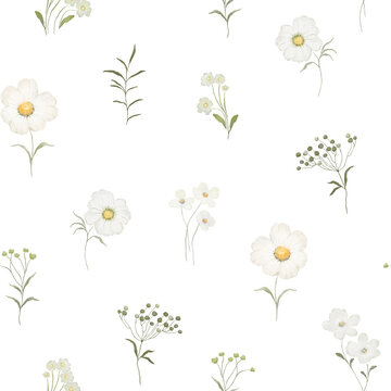 Delicate watercolor pattern with white flowers and green plants on white background. Seamless floral illustration for home textile, tendre fabric or wallpaper in provence style.