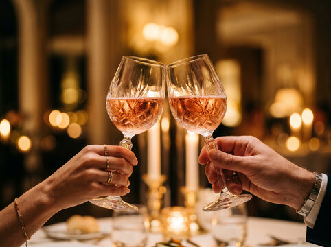 Romantic couple clinking crystal wine glasses at elegant candlelit table.