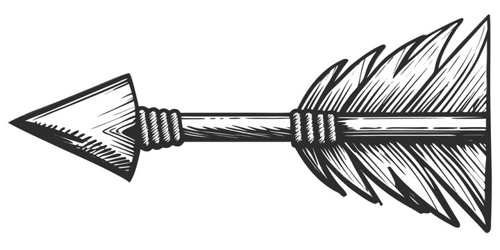 Black and white sketch of an arrow with feather fletching