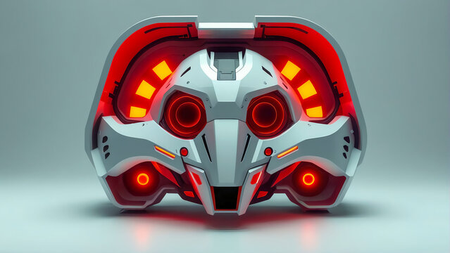 Futuristic Mecha Robot Head Design with Glowing Red Eyes and High-Tech Cyberpunk Armor Details