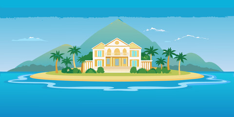 Luxury mansion on a tropical island colorful illustration © Tusar