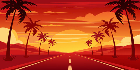 Palm tree lined road at sunset vibrant illustration © Tusar