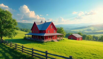 Naklejka premium Red farmhouse sits on a green hill with a wooden fence. Barn nearby under a bright blue sky with fluffy clouds. Rolling hills extend into the distance, creating a peaceful countryside view.
