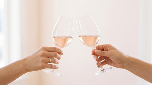 Two hands holding glasses of rose wine together for a celebration toast now.