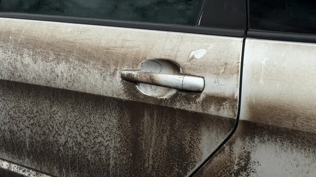 Close-up of a muddy car door covered in dirt and road grime after driving in harsh weather conditions. Detailed texture of splashes and stains highlights vehicle maintenance and car wash concept.
