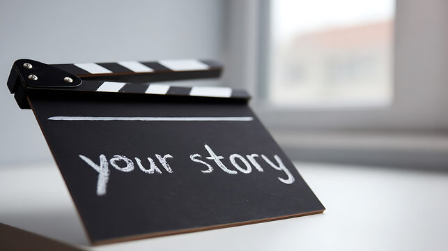 Movie Filmmaker Playboard Clapboard with 'Your Story' Text White Chalk Film Production Slate Concept Creative Imagination Window Light Background