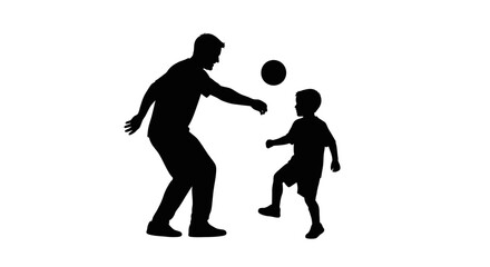 Fototapeta premium Silhouette of man and boy playing soccer, kicking ball, black vector icon isolated on White Background vector eps silhouette