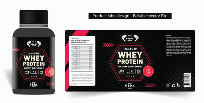 Whey Protein Powder Label Design, Logo and Packaging design. Supplement jar label design, health product BCAA glutathione, black gold shiny label editable vector file, Strawberry fruit flavor label