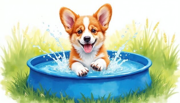 Cute corgi puppy plays in blue splash pool on sunny day. Wet dog splashes water, happy smiling face, wagging tail. Summertime fun, green grass background, playful pet enjoying outdoors.