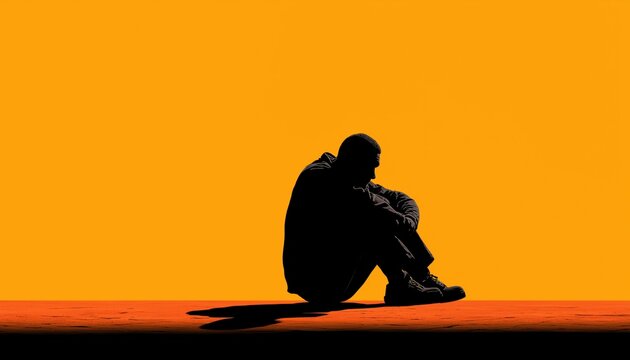Man'S Solitary Suffering: Silhouetted Figure Casts Long Shadow Of Despair And Hopelessness, Perpetually Burdened By Anxiety, Stress, And Depression.