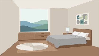 Modern bedroom with cozy bed and scenic wall mural near dresser and nightstand © MAJEDA STOCK