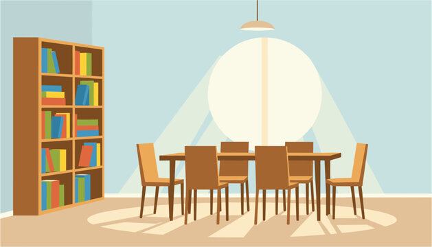 Modern classroom with wooden tables, chairs, and bookshelf for education setting