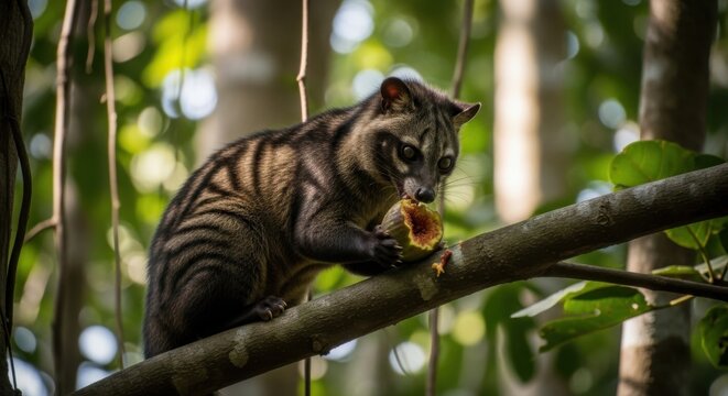 A wild civet cat eating a ripe fruit in the jungle