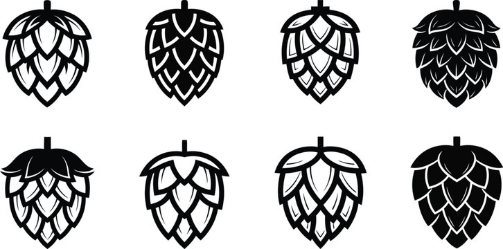 Hop cones silhouettes collection beer brewing icons isolated on white