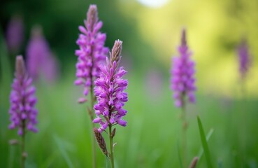 Obraz premium Close up of purple loosestrife flowers blooming in a field. Delicate petals show soft focus background with green grass and yellow light. Wild plant nature detail.