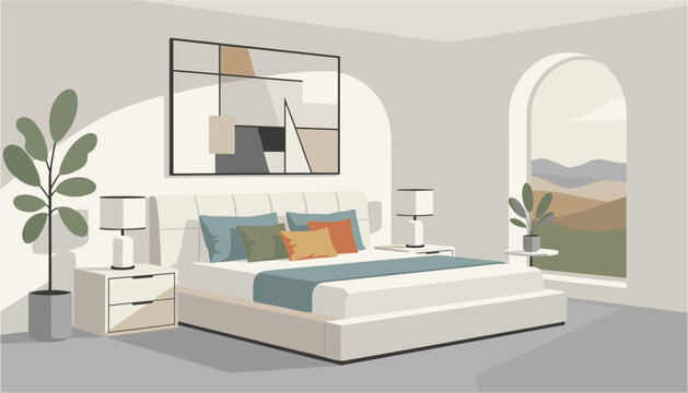 Modern bedroom interior with bed, nightstands, and abstract wall art