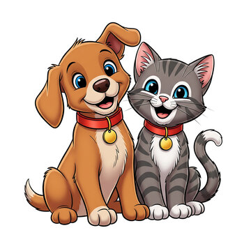 Cute cartoon puppy and kitten best friends together as isolated object