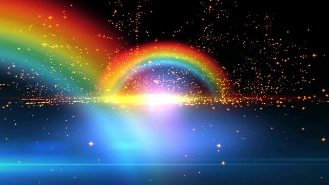 Abstract rainbow arch with light streaks and sparkle on a black background.