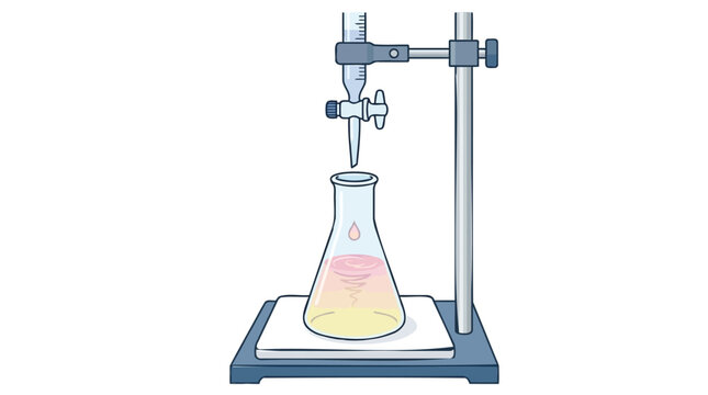 Chemistry titration experiment illustration with burette, flask, and color change, depicting a precise scientific method in a laboratory setup