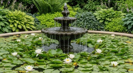 Naklejka premium Classic stone fountain centerpiece in a peaceful pond with water lilies