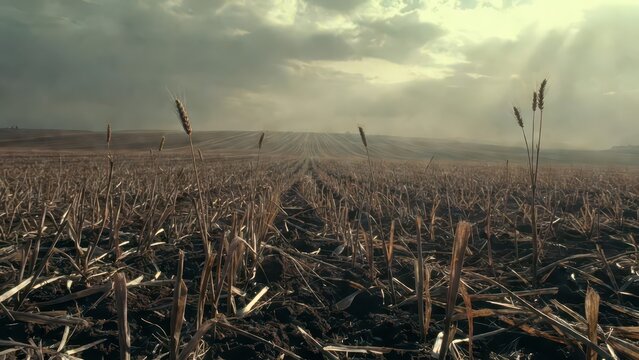 Harvested Wheat Field Under Dramatic Cloudy Sky with Sun Rays Shining Through