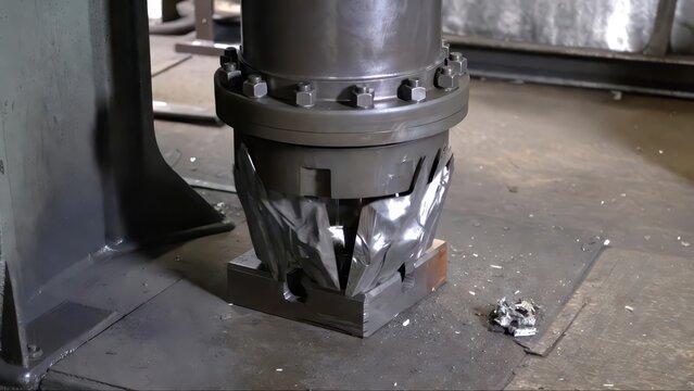 Industrial hydraulic press crushing metal cylinder, showing deformation and failure