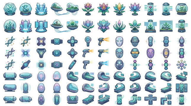 Sci-fi game icons set, futuristic laboratory equipment and alien biology assets, 84 blue glowing technology vector elements for UI design