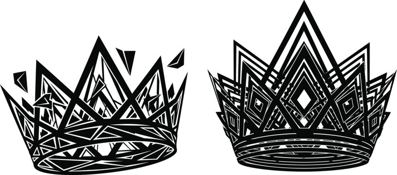Two intricate black and white crown illustrations on a clean white background symbolizing royalty and power