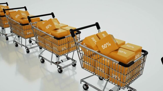 Dynamic 3D animation of multiple shopping carts filled with orange boxes, each displaying a prominent '50%' discount, symbolizing a massive sale event and retail promotion; a vibrant visual for
