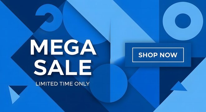 A blue and white advertisement for a mega sale