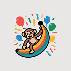 Fototapeta premium Playful monkey rides a vibrant banana surfboard amidst colorful balloons and confetti, a whimsical digital illustration evoking joy and carefree fun.