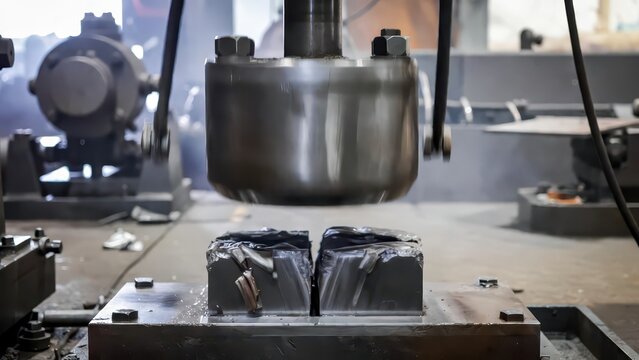 Industrial metal forging process: heavy hydraulic press crushing metal blocks in factory