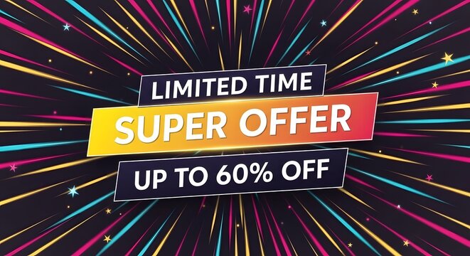 Vibrant super offer banner with up to 60 percent off