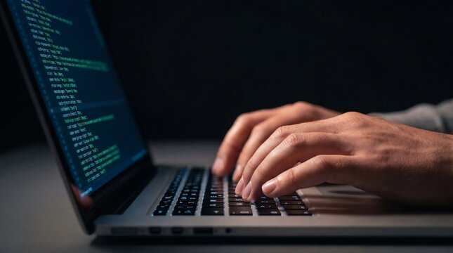 Hands Typing Program Code on Laptop Keyboard in Dim Lighting