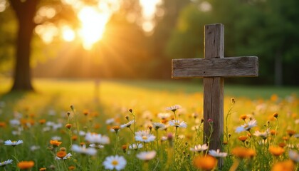 Fototapeta premium Wooden cross stands in meadow filled with blooming wildflowers under warm golden sunlight. Peaceful nature scene with religious symbol at dawn or dusk. Serene outdoor setting.