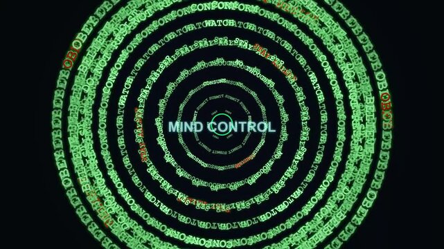 Mind control concept with rotating hypnotic text rings on black background