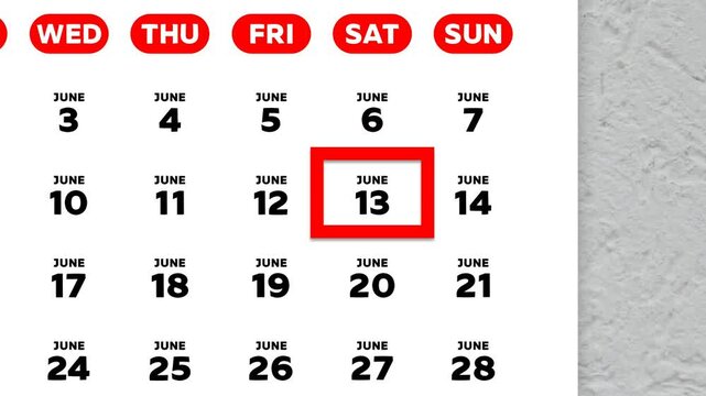 The date June 13th marked with a red cursor on the wall calendar 2026