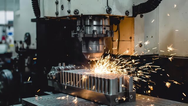 Precision machining sparks fly as industrial CNC machine carves metal workpiece with intense heat