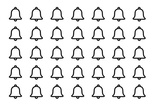 Set of 30 linear outline bell icons, editable stroke, consistent weight, clear negative space, vector SVG assets.