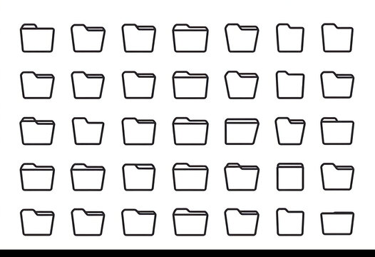 Set of 30 linear outline folder icons, consistent stroke, editable vector, clear negative space, monochrome.