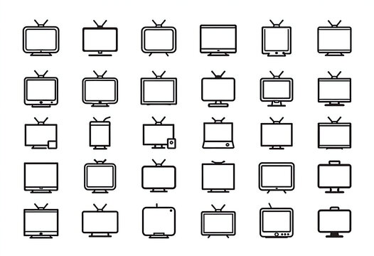 Set of 30 linear outline television icons, editable stroke, consistent weight, clear negative space, vector.