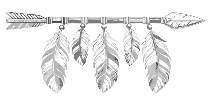 Arrow with feathers tribal style sketch on white background