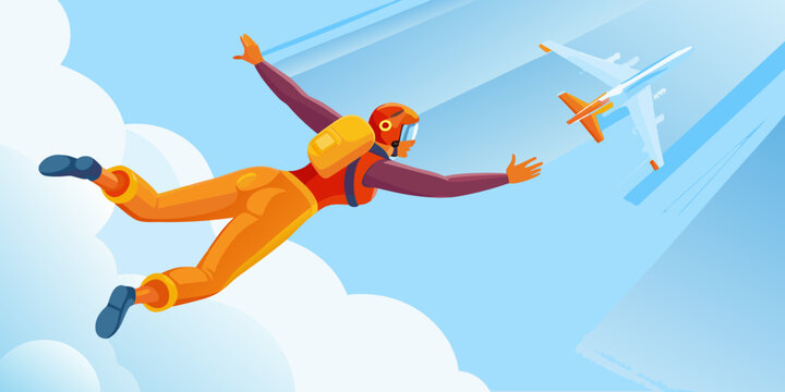 Skydiver in free fall with airplane vector illustration
