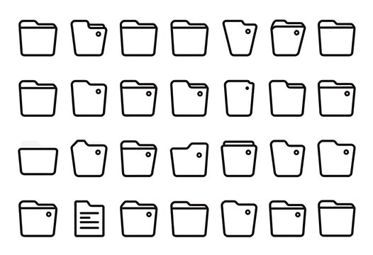 Collection of 30 linear folder icons, precise editable strokes, consistent corner radii, SVG-friendly vector set.