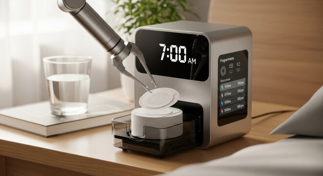 Robotic arm operates an automated pill dispenser on a wooden nightstand to manage a daily medication schedule.